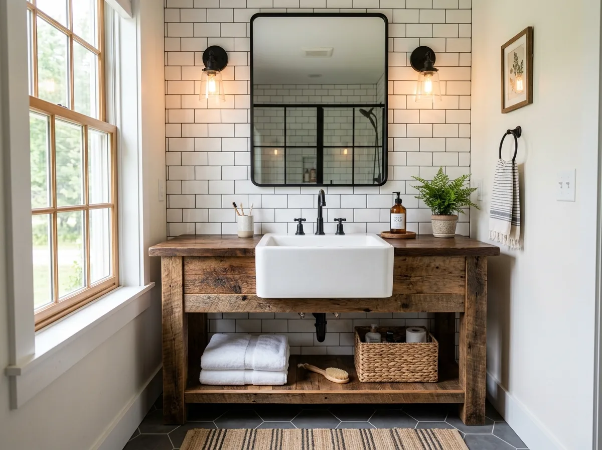 Farmhouse bathroom with rustic wood vanity and white sink